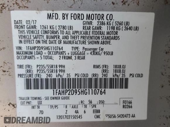 2017 Ford Taurus SE with VIN 1FAHP2D95HG110764, listed as a Copart auction lot 77417144 with 94,881 mi miles and Salvage Title. Bid and sale history available at DreamBid. Image 14.