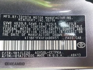 2015 Toyota Camry XLE with VIN 4T1BF1FK4FU480451, listed as a IAAI auction lot 42191825 with 208,406 mi miles and . Bid and sale history available at DreamBid. Image 9.