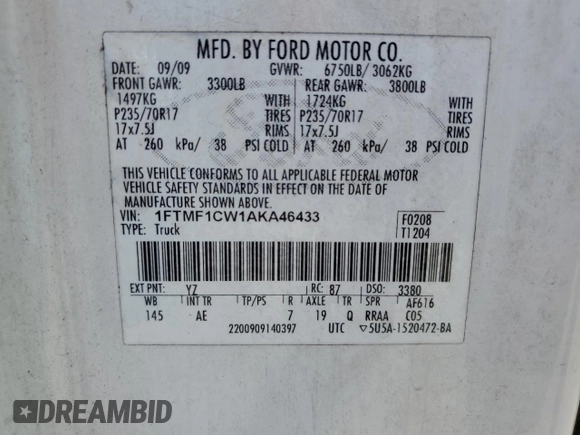 2010 Ford F-150 XL z VIN 1FTMF1CW1AKA46433, wystawiony jako Copart lot #72318124 z przebiegiem 93 095 mil mil oraz Czysty tytuł • Clean title. Historia ofert i sprzedaży dostępna na DreamBid. Obrazek 12.