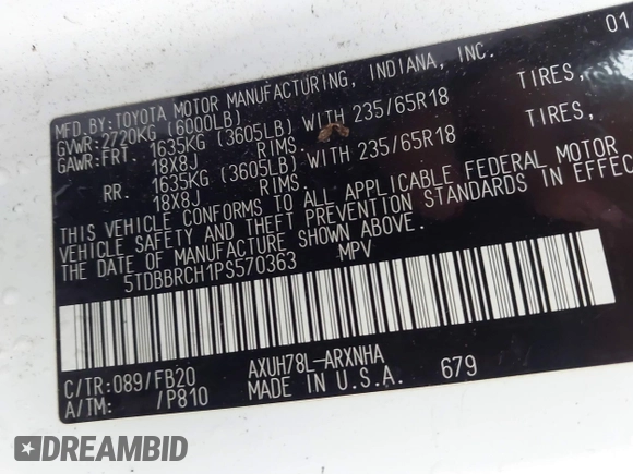 2023 Toyota Highlander Hybrid LE with VIN 5TDBBRCH1PS570363, listed as a IAAI auction lot 42436974 with Not provided miles and . Bid and sale history available at DreamBid. Image 9.