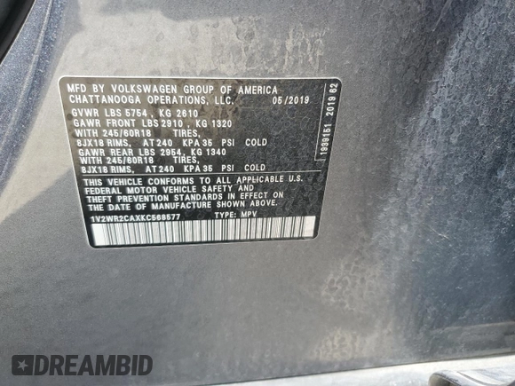 2019 Volkswagen Atlas SE with VIN 1V2WR2CAXKC568577, listed as a Copart auction lot 56372845 with 72,493 mi miles and Salvage title. Bid and sale history available at DreamBid. Image 13.