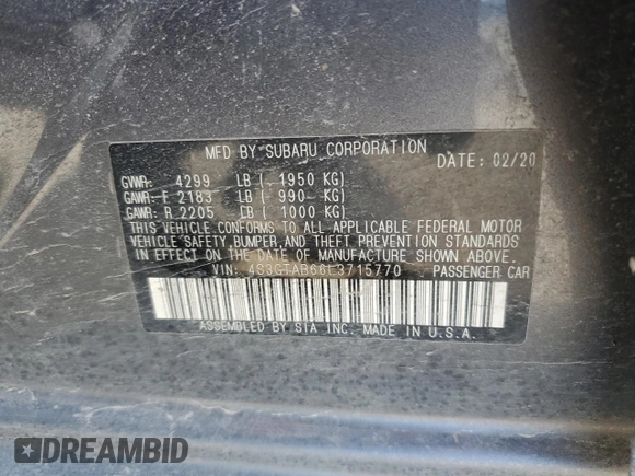 2020 Subaru Impreza with VIN 4S3GTAB66L3715770, listed as a Copart auction lot 50997615 with 39,001 mi miles and Salvage title. Bid and sale history available at DreamBid. Image 13.