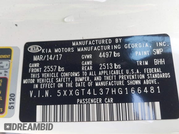 2017 Kia Optima LX with VIN 5XXGT4L37HG166481, listed as a IAAI auction lot 42248792 with 108,319 mi miles and . Bid and sale history available at DreamBid. Image 9.