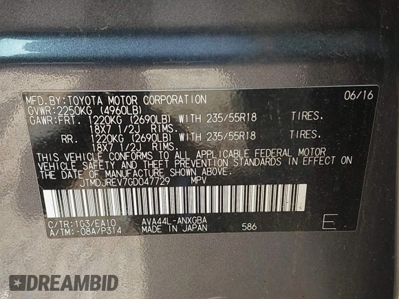 2016 Toyota RAV4 Hybrid Limited with VIN JTMDJREV7GD047729, listed as a IAAI auction lot 41833765 with 114,830 mi miles. Bid and sale history available at carsss.com. Image 9.