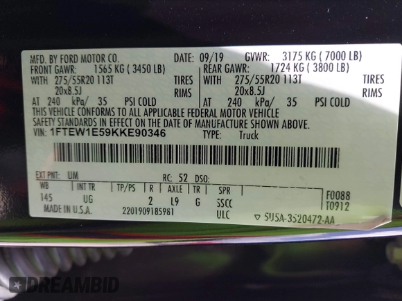 2019 Ford F-150 XL with VIN 1FTEW1E59KKE90346, listed as a IAAI auction lot 42188308 with 130,992 mi miles and . Bid and sale history available at DreamBid. Image 9.