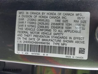2017 Honda CR-V Touring with VIN 2HKRW2H95HH646184, listed as a IAAI auction lot 41906341 with 58,529 mi miles. Bid and sale history available at carsss.com. Image 9.