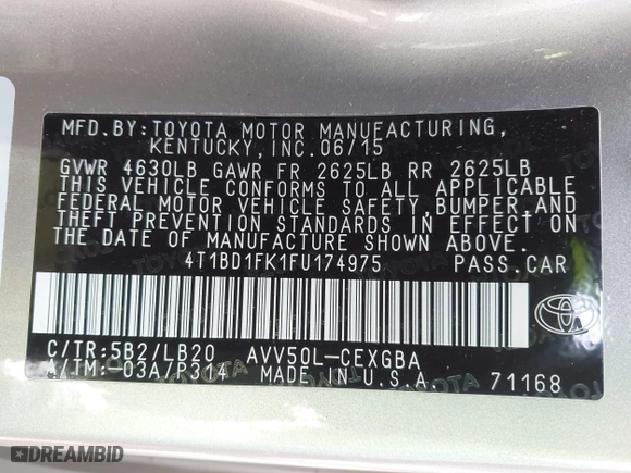 2015 Toyota Camry Hybrid LE with VIN 4T1BD1FK1FU174975, listed as a IAAI auction lot 42085034 with 54,728 mi miles. Bid and sale history available at carsss.com. Image 9.
