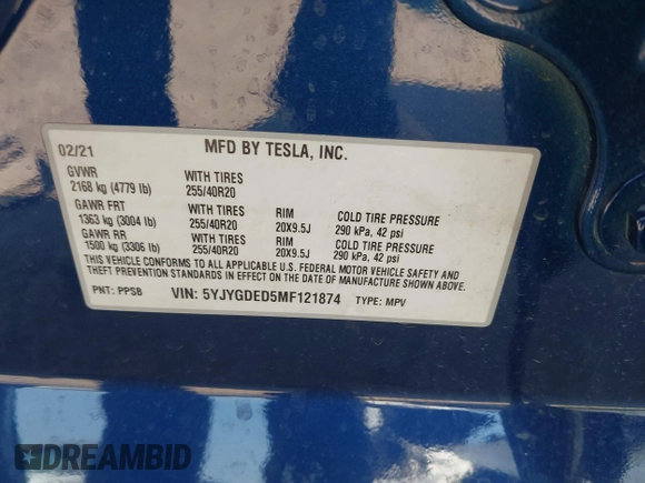 2021 Tesla Model Y Standard Range with VIN 5YJYGDED5MF121874, listed as a IAAI auction lot 41238170 with 72,041 mi miles and . Bid and sale history available at DreamBid. Image 9.
