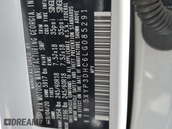 2020 Kia Telluride EX with VIN 5XYP3DHC6LG085291, listed as a Copart auction lot 60754565 with 7,695 mi miles and Salvage title. Bid and sale history available at DreamBid. Image 14.