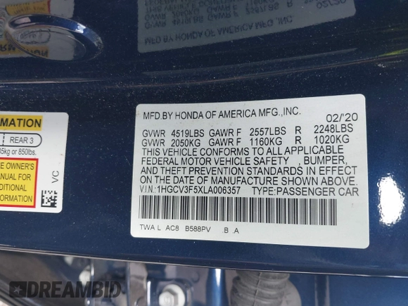 2020 Honda Accord EX-L with VIN 1HGCV3F5XLA006357, listed as a IAAI auction lot 42209588 with 23,347 mi miles and . Bid and sale history available at DreamBid. Image 9.