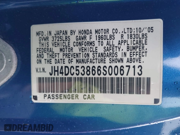 2006 Acura RSX с VIN JH4DC53866S006713, выставлен на аукционе IAAI как лот 42518375 с пробегом 236 854 миль миль и . История ставок и продаж доступна на DreamBid. Изображение 9.