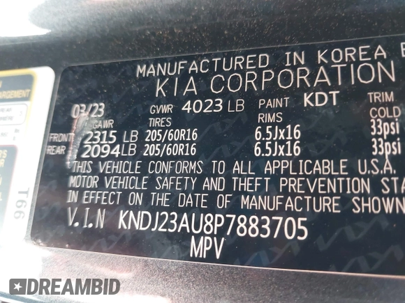 2023 Kia Soul LX with VIN KNDJ23AU8P7883705, listed as a IAAI auction lot 42212658 with 43,707 mi miles and . Bid and sale history available at DreamBid. Image 9.