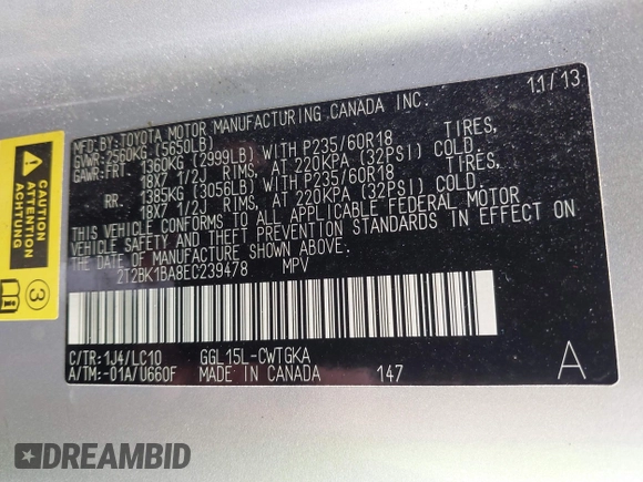 2014 Lexus RX 350 with VIN 2T2BK1BA8EC239478, listed as a IAAI auction lot 42328520 with 228,207 mi miles and . Bid and sale history available at DreamBid. Image 9.