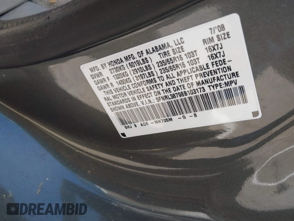 2008 Honda Odyssey EX-L z VIN 5FNRL38798B103173, wystawiony jako IAAI lot #42186360 z przebiegiem 207 341 mil mil oraz . Historia ofert i sprzedaży dostępna na DreamBid. Obrazek 9.