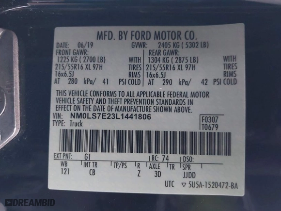 2020 Ford Transit Connect Van XL with VIN NM0LS7E23L1441806, listed as a IAAI auction lot 42019744 with 71,546 mi miles. Bid and sale history available at carsss.com. Image 9.