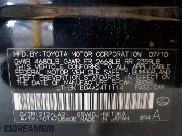 2010 Lexus ES 330 z VIN JTHBK1EG4A2411114, wystawiony jako Copart lot #60317545 z przebiegiem 153 294 mil mil oraz Szkoda całkowita • Salvage title. Historia ofert i sprzedaży dostępna na DreamBid. Obrazek 12.