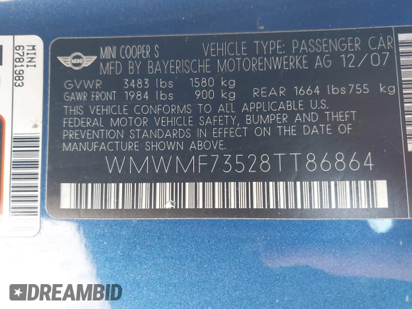 2008 MINI Hardtop S z VIN WMWMF73528TT86864, wystawiony jako IAAI lot #41652467 z przebiegiem Nie podano mil oraz . Historia ofert i sprzedaży dostępna na DreamBid. Obrazek 9.