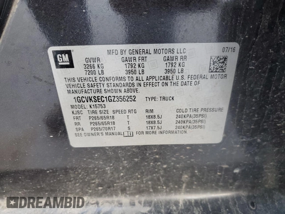 2016 Chevrolet Silverado 1500 LTZ with VIN 1GCVKSEC1GZ356252, listed as a Copart auction lot 83415174 with 118,089 mi miles and Salvage Title. Bid and sale history available at carsss.com. Image 14.