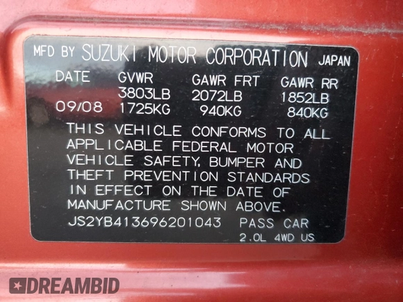 2009 Suzuki SX4 Man AWD with VIN JS2YB413696201043, listed as a Copart auction lot 86283064 with 153,286 mi miles and Salvage Title. Bid and sale history available at carsss.com. Image 12.