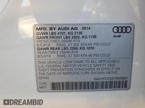 2015 Audi Q3 Prestige z VIN WA1FFCFS3FR000821, wystawiony jako Copart lot #80107514 z przebiegiem 38 841 mil mil oraz Szkoda całkowita • Salvage title. Historia ofert i sprzedaży dostępna na DreamBid. Obrazek 14.