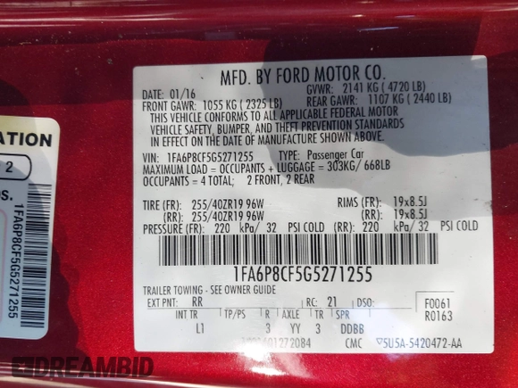 2016 Ford Mustang GT with VIN 1FA6P8CF5G5271255, listed as a IAAI auction lot 41503688 with 75,824 mi miles and . Bid and sale history available at DreamBid. Image 9.
