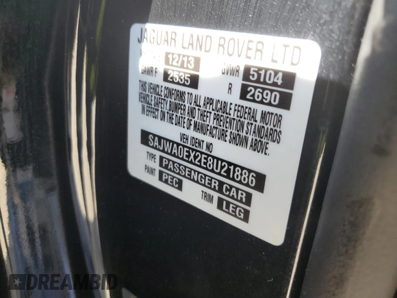 2014 Jaguar XF SC with VIN SAJWA0EX2E8U21886, listed as a Copart auction lot 76783344 with 97,280 mi miles and Salvage Title. Bid and sale history available at DreamBid. Image 12.