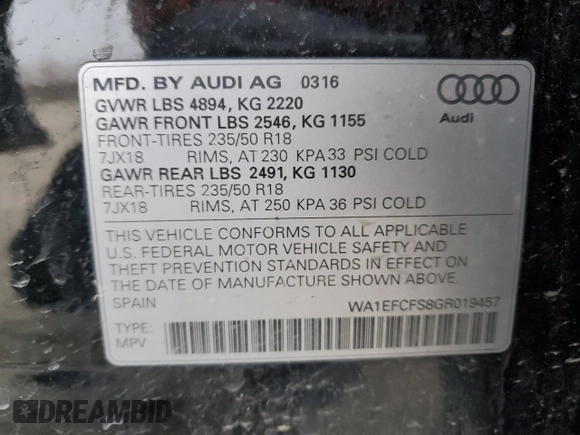 2016 Audi Q3 Premium Plus z VIN WA1EFCFS8GR019457, wystawiony jako Copart lot #50237385 z przebiegiem 14 951 mil mil oraz Szkoda całkowita • Salvage title. Historia ofert i sprzedaży dostępna na DreamBid. Obrazek 14.