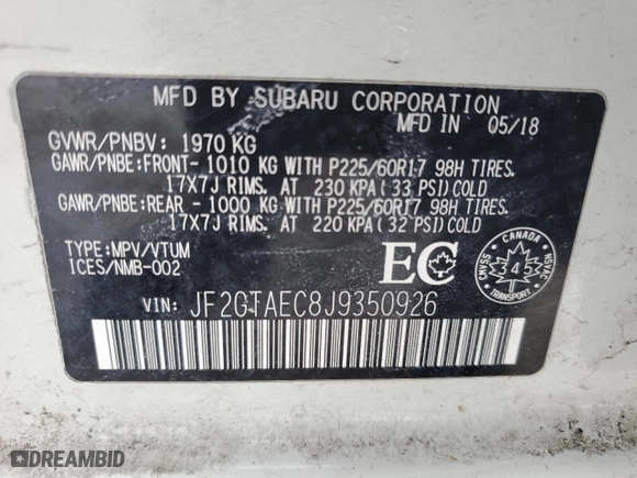 2018 Subaru Crosstrek Premium with VIN JF2GTAEC8J9350926, listed as a Copart auction lot 44842575 with 124,085 mi miles and Salvage Title. Bid and sale history available at carsss.com. Image 12.