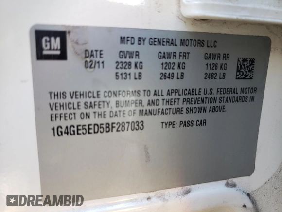 2011 Buick LaCrosse CXS with VIN 1G4GE5ED5BF287033, listed as a Copart auction lot 48868035 with 134,687 mi miles and Salvage title. Bid and sale history available at DreamBid. Image 14.