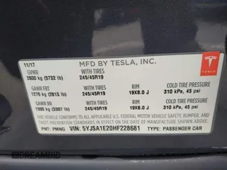 2017 Tesla Model S 100D with VIN 5YJSA1E20HF228681, listed as a IAAI auction lot 42424793 with Not provided miles and . Bid and sale history available at DreamBid. Image 9.