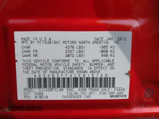 2012 Mitsubishi Galant ES with VIN 4A32B3FF4CE015749, listed as a IAAI auction lot 41637948 with 999,999 mi miles. Bid and sale history available at carsss.com. Image 9.