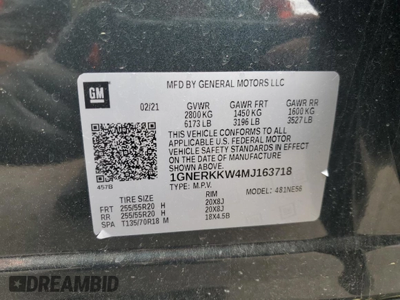 2021 Chevrolet Traverse Premier with VIN 1GNERKKW4MJ163718, listed as a Copart auction lot 51837295 with 126,247 mi miles and Salvage title. Bid and sale history available at DreamBid. Image 15.