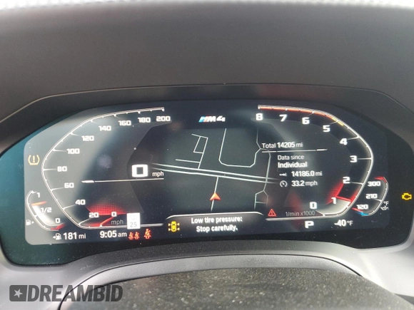 2023 BMW M4 Competition xDrive with VIN WBS43AZ05PCM59611, listed as a Copart auction lot 50389065 with 14,205 mi miles and Salvage title. Bid and sale history available at DreamBid. Image 9.
