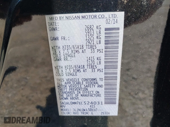 2014 Infiniti QX60 with VIN 5N1AL0MM7EC524031, listed as a IAAI auction lot 42622535 with Not provided miles and . Bid and sale history available at DreamBid. Image 9.