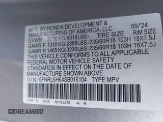 2025 Honda Odyssey EX-L with VIN 5FNRL6H64SB016104, listed as a IAAI auction lot 41456550 with 61 mi miles and . Bid and sale history available at DreamBid. Image 9.