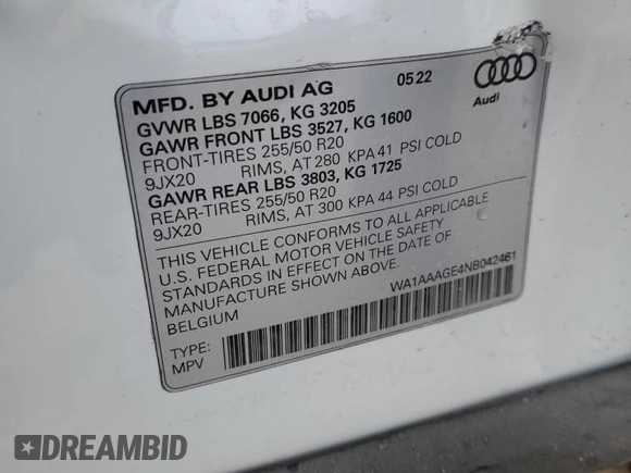 2022 Audi e-tron Premium with VIN WA1AAAGE4NB042461, listed as a Copart auction lot 83235624 with 10,991 mi miles and Salvage title. Bid and sale history available at DreamBid. Image 16.