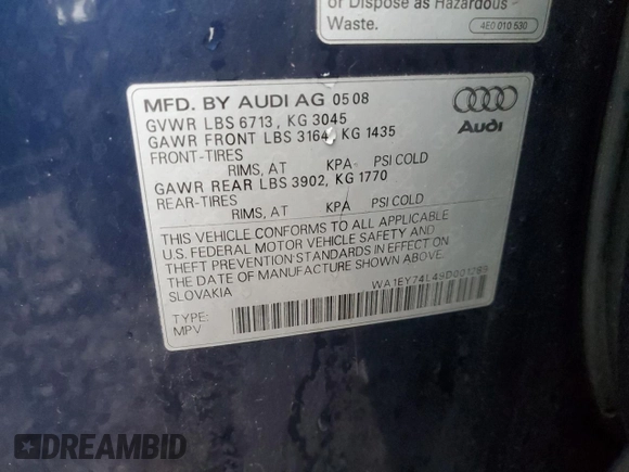 2009 Audi Q7 Premium Plus with VIN WA1EY74L49D001289, listed as a Copart auction lot 84530744 with 123,937 mi miles and Salvage title. Bid and sale history available at DreamBid. Image 13.