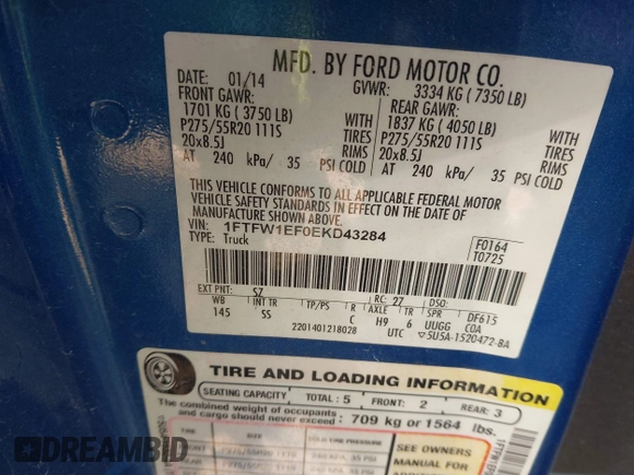 2014 Ford F-150 XL z VIN 1FTFW1EF0EKD43284, wystawiony jako IAAI lot #41623123 z przebiegiem 119 663 mil mil oraz . Historia ofert i sprzedaży dostępna na DreamBid. Obrazek 9.
