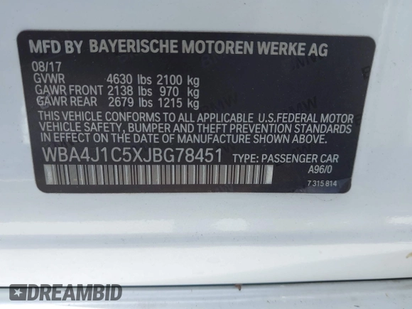 2018 BMW 4 Series 430i with VIN WBA4J1C5XJBG78451, listed as a IAAI auction lot 42256036 with 103,289 mi miles and . Bid and sale history available at DreamBid. Image 9.