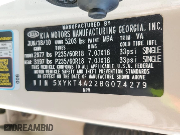 2011 Kia Sorento LX with VIN 5XYKT4A22BG074279, listed as a Copart auction lot 51835035 with 153,581 mi miles and Clean Title. Bid and sale history available at DreamBid. Image 13.