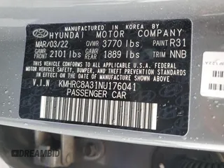 2022 Hyundai Venue SEL with VIN KMHRC8A31NU176041, listed as a Copart auction lot 58560355 with 59,621 mi miles and Salvage title. Bid and sale history available at DreamBid. Image 12.