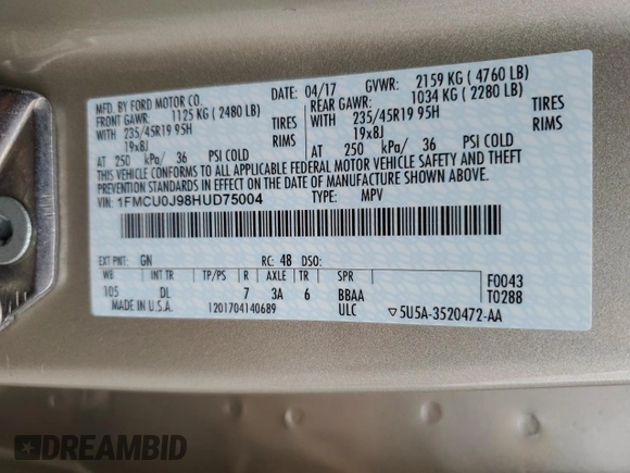 2017 Ford Escape Titanium with VIN 1FMCU0J98HUD75004, listed as a Copart auction lot 51627805 with 74,166 mi miles and Salvage Title. Bid and sale history available at carsss.com. Image 13.