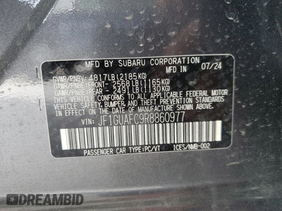 2024 Subaru Impreza Sport with VIN JF1GUAFC9R8860977, listed as a Copart auction lot 51496075 with 3,209 mi miles and Salvage Title. Bid and sale history available at carsss.com. Image 12.