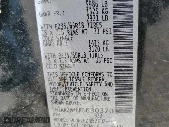 2015 Nissan Pathfinder Platinum с VIN 5N1AR2MM6FC630370, выставлен на аукционе Copart как лот 54129385 с пробегом 153 464 миль миль и Списание • Salvage title. История ставок и продаж доступна на DreamBid. Изображение 13.