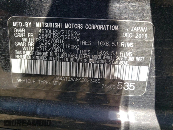 2019 Mitsubishi Eclipse Cross ES z VIN JA4AT3AA8KZ032465, wystawiony jako Copart lot #47241145 z przebiegiem 118 301 mil mil oraz Szkoda całkowita • Salvage title. Historia ofert i sprzedaży dostępna na DreamBid. Obrazek 14.