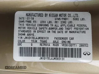 2018 Infiniti Q60 Luxe with VIN JN1EV7EL4JM393131, listed as a IAAI auction lot 41813420 with 87,571 mi miles and . Bid and sale history available at DreamBid. Image 9.