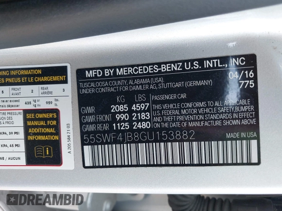 2016 Mercedes-Benz C C 300 with VIN 55SWF4JB8GU153882, listed as a IAAI auction lot 41813135 with 78,428 mi miles. Bid and sale history available at carsss.com. Image 9.