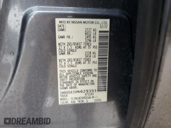 2023 Nissan Frontier SV with VIN 1N6ED1EJ5PN629393, listed as a Copart auction lot 69684544 with 24,006 mi miles and Salvage Title. Bid and sale history available at carsss.com. Image 13.