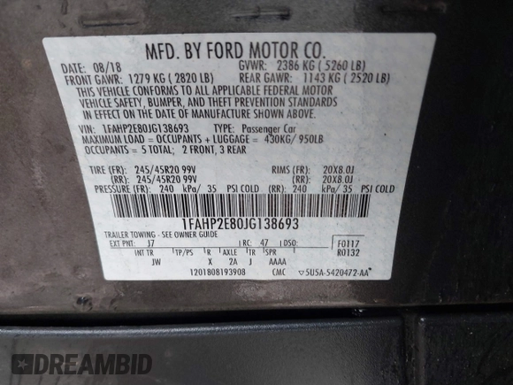 2018 Ford Taurus SEL with VIN 1FAHP2E80JG138693, listed as a IAAI auction lot 41679603 with 110,701 mi miles. Bid and sale history available at carsss.com. Image 9.