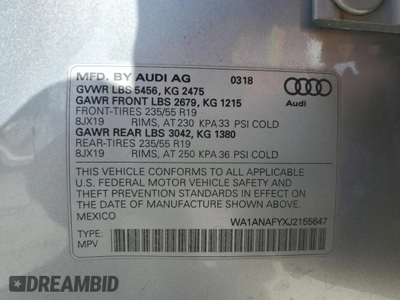 2018 Audi Q5 Premium with VIN WA1ANAFYXJ2155647, listed as a Copart auction lot 64397905 with 87,540 mi miles and Salvage title. Bid and sale history available at DreamBid. Image 13.